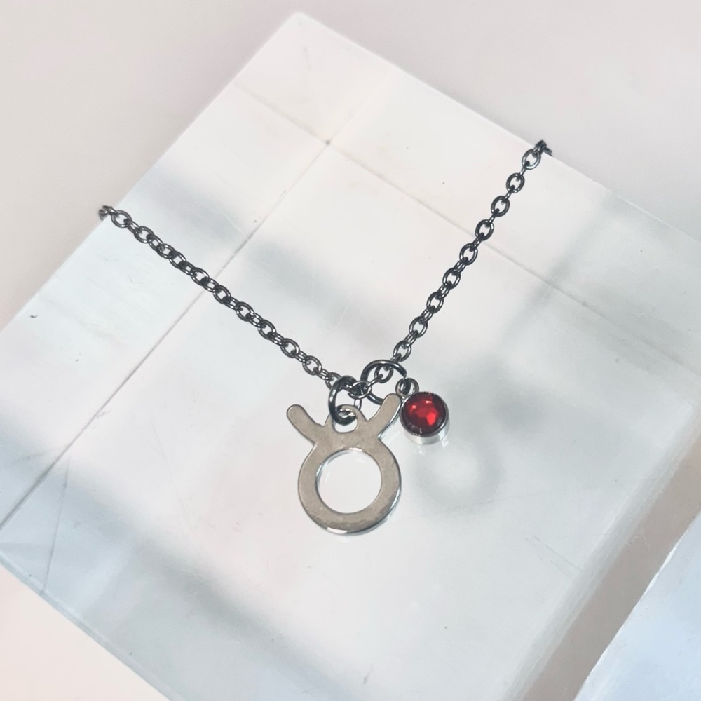 NEW - Taurus “The Bull” Zodiac Silver Pendant Necklace w Garnet Gem Charm